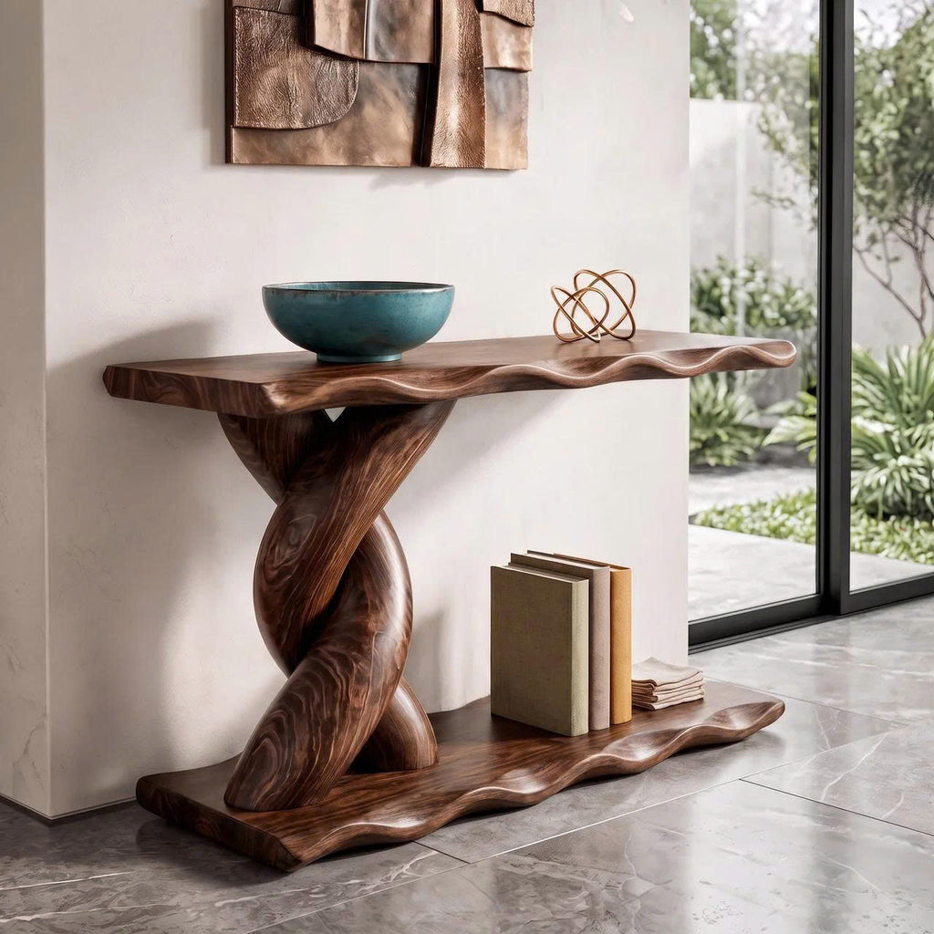 Contemporary Console Table with Spiral Base and Lower Display Shelf, solid wood, built to order