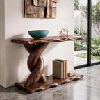 Contemporary Console Table with Spiral Base and Lower Display Shelf, solid wood, built to order