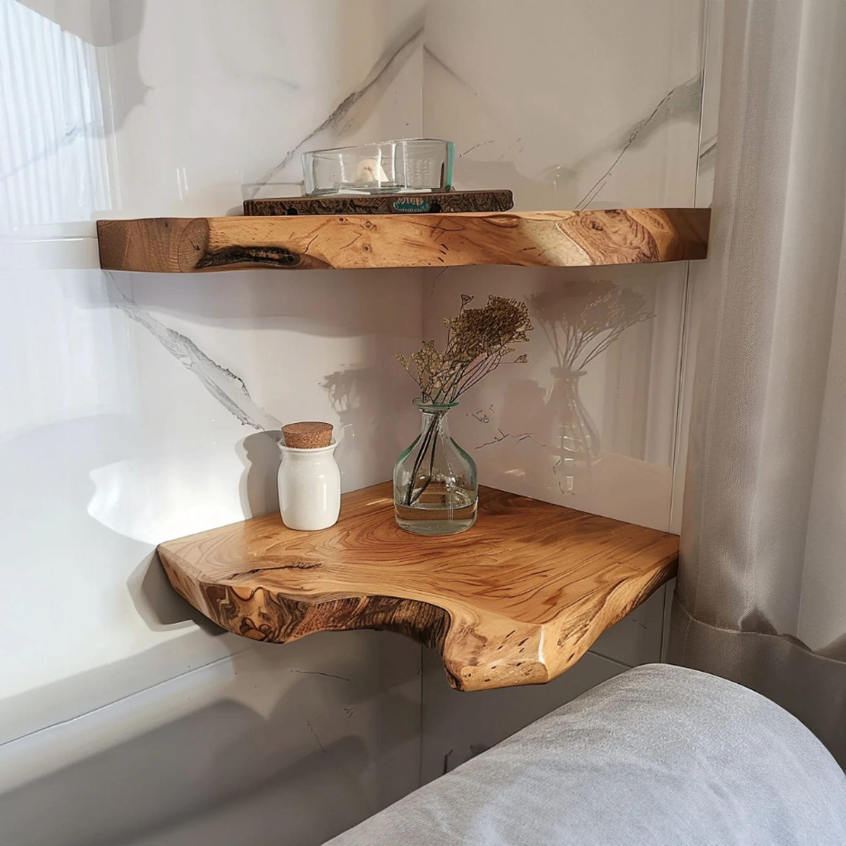 Live Edge Floating Corner Shelves, solid wood, built to order