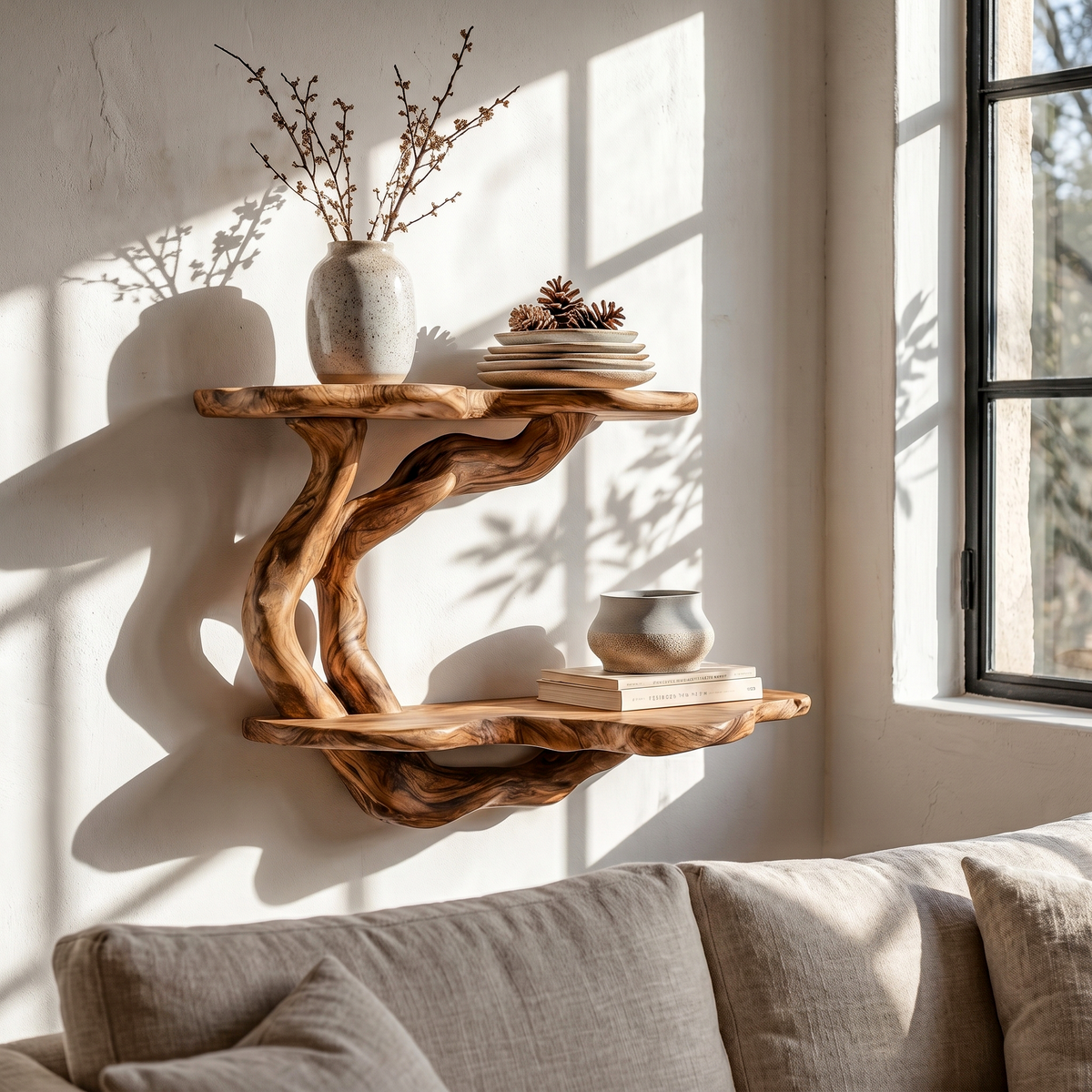 Floating Shelf with Sculptural Tree Form, solid wood, built to order
