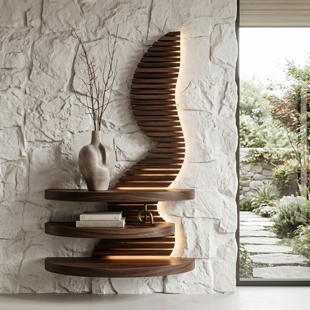 Organic Floating Shelf with Sculptural Wave Wall Panel Design, solid wood, built to order