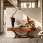 Contemporary Console Table with Curved Tree Trunk Base and Built in Storage Drawers, solid wood, built to order