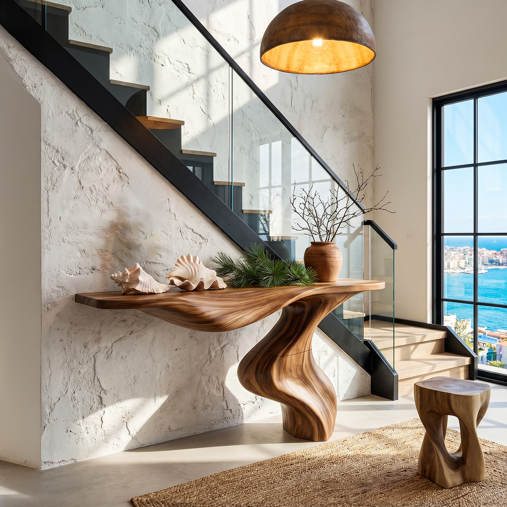 Modern Console Table with Statement Sculptural Base, solid wood, built to order