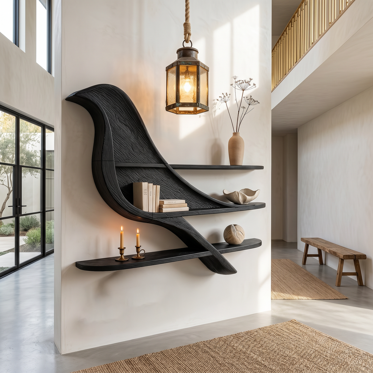Organic Wave Bookshelf with Sculptural Wall Mounted Shelves, solid wood, built to order