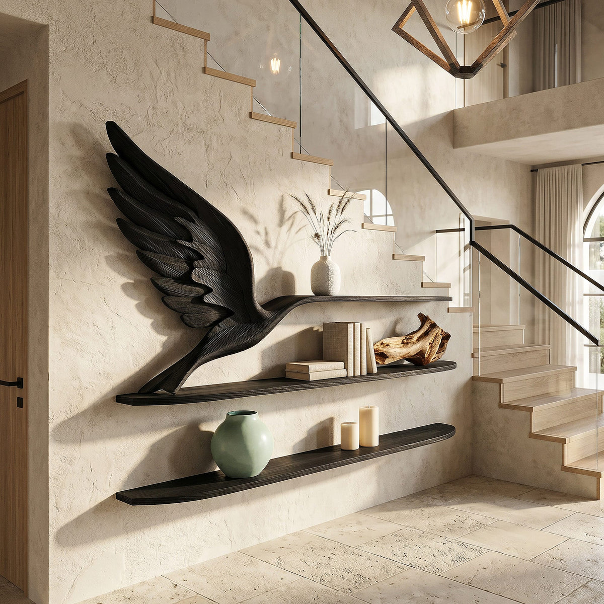 Handcrafted Eagle Wing Floating Shelf with Display Shelves, solid wood, built to order