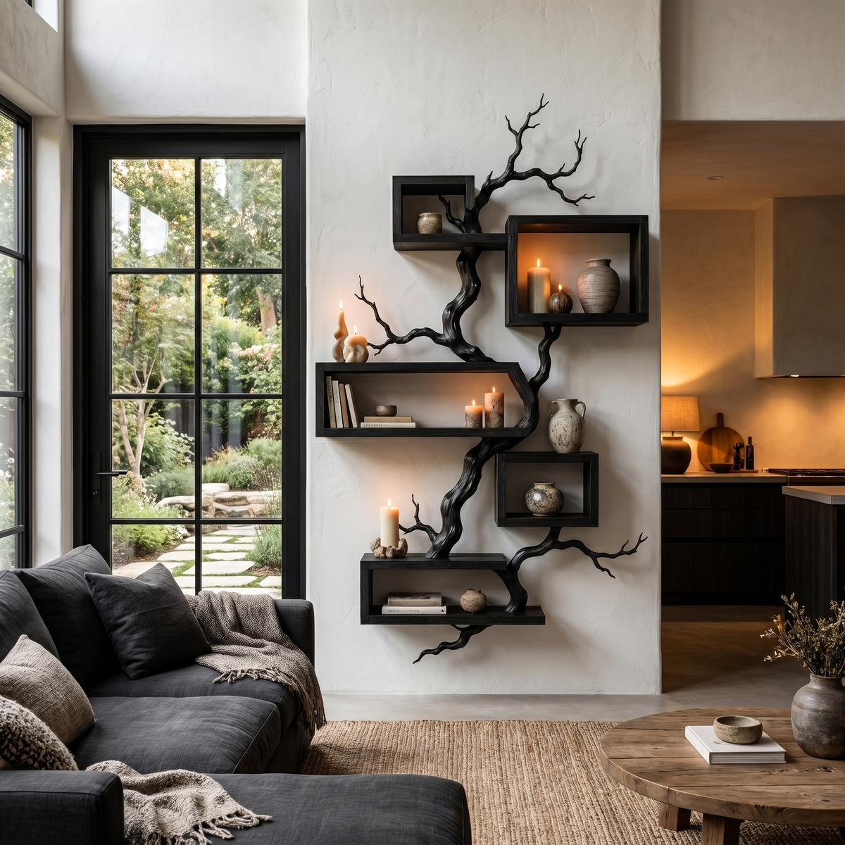 Organic Sculptural Floating Shelf with Tree Branch Design, solid wood, built to order