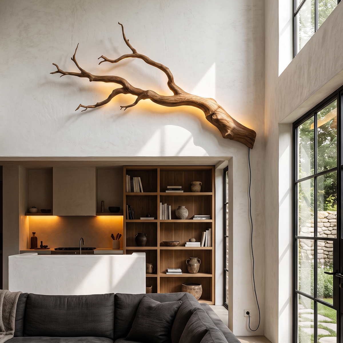 Organic Wall Lamp with Sculptural Tree Branch Design, solid wood, built to order