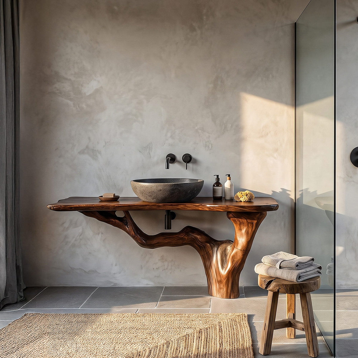 Handcrafted Bathroom Vanity with Tree Trunk Design, solid wood, built to order