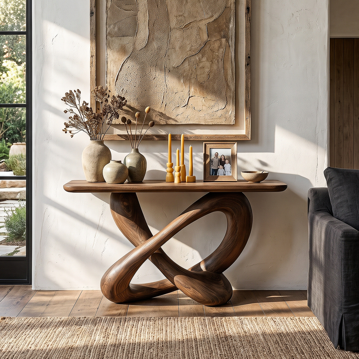 Modern Console Table with Twisted Ribbon Base, solid wood, built to order