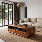 Mid Century Coffee Table with Rounded Frame Storage, solid wood, built to order