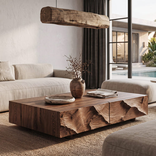 Contemporary Coffee Table with Sculptural Carved Drawer Front, solid wood, built to order