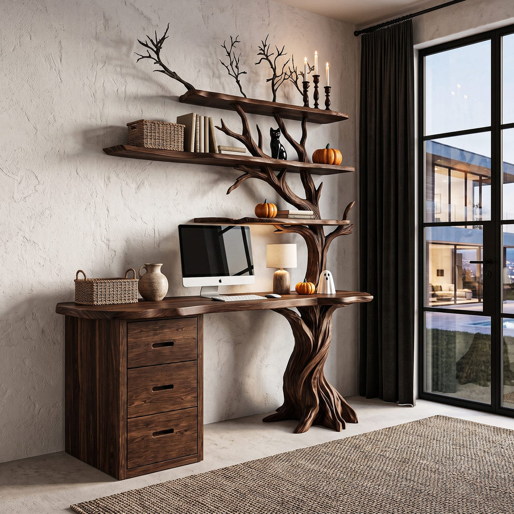 Contemporary Writing Desk with Tree Silhouette, solid wood, built to order