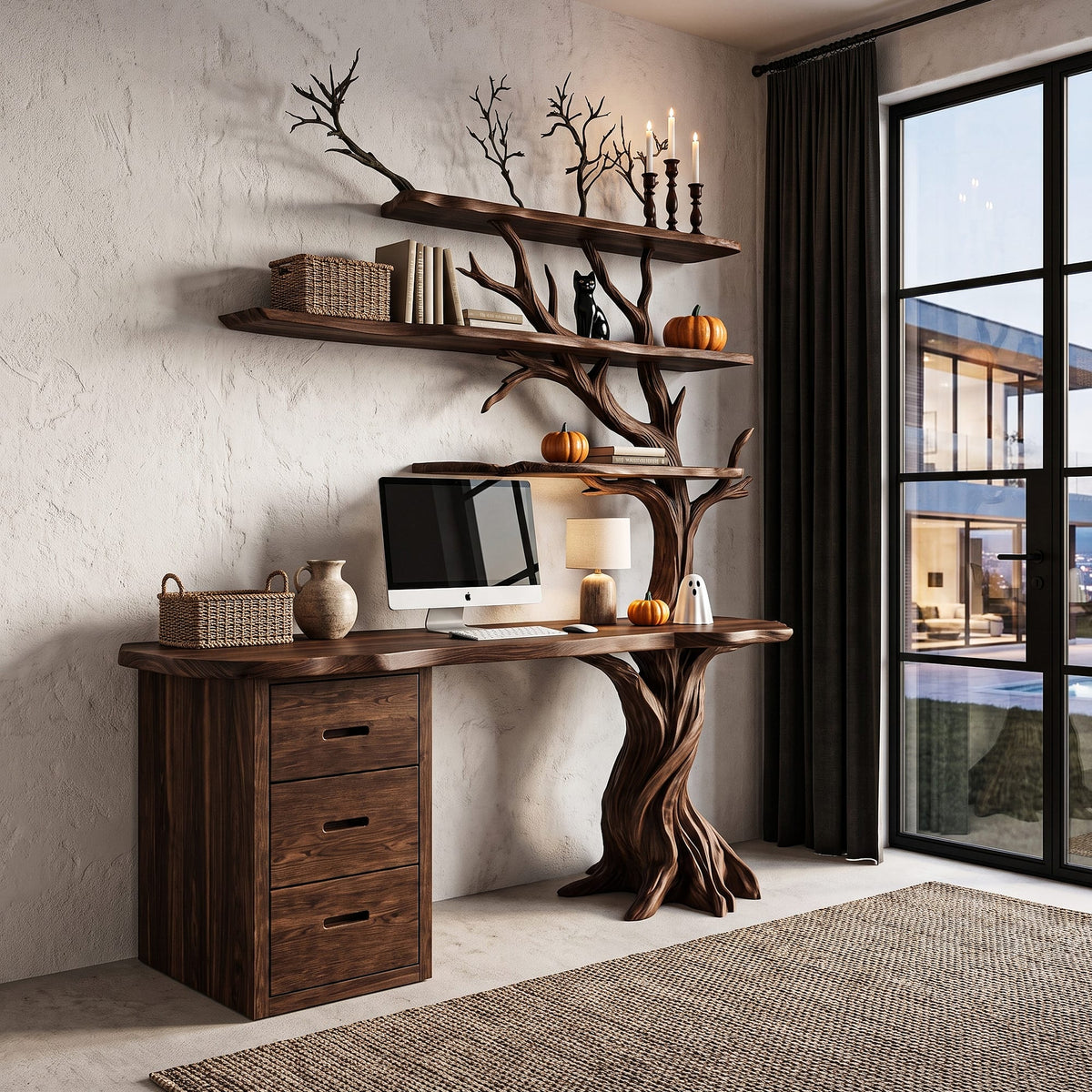Contemporary Writing Desk with Tree Silhouette, solid wood, built to order
