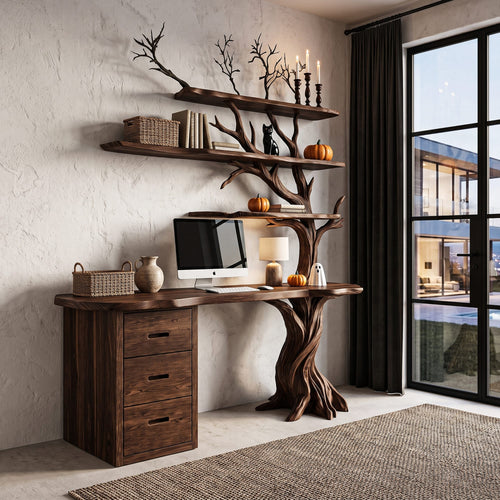 Contemporary Writing Desk with Tree Silhouette, solid wood, built to order