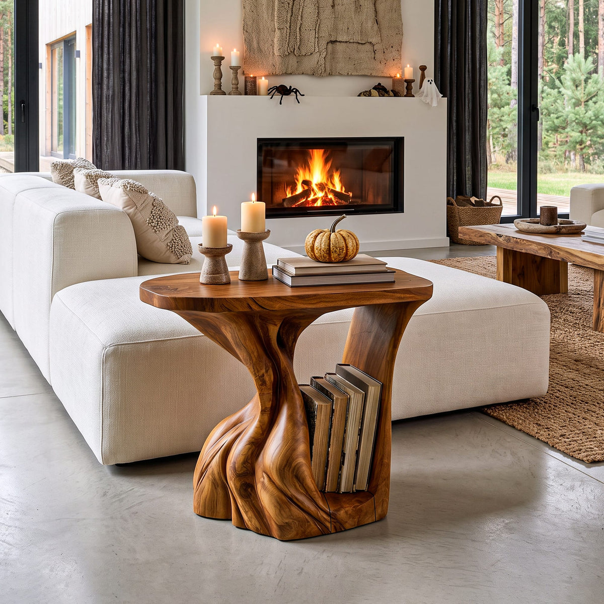 Contemporary Beside Table Inspired with Sculptural Base, solid wood, built to order