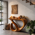 Organic Sofa Table with Carved Inspired Frame for Foyer, solid wood, built to order