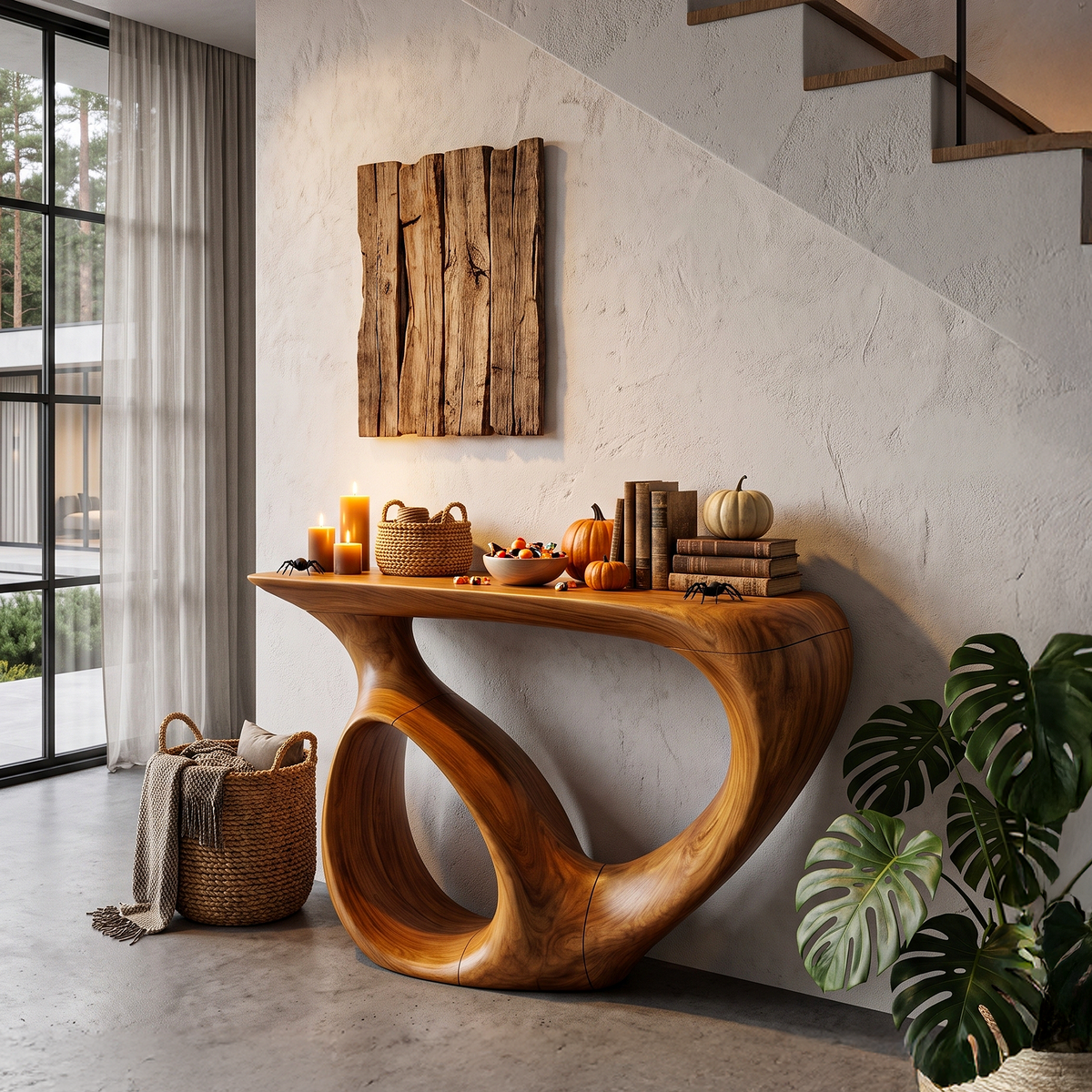 Organic Sofa Table with Carved Inspired Frame for Foyer, solid wood, built to order