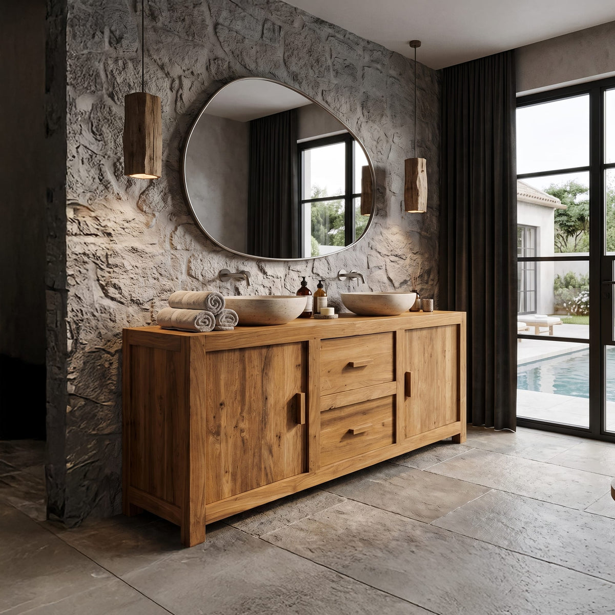 Contemporary Double Bathroom Vanity with Cabinet and Drawer Storage, solid wood, built to order