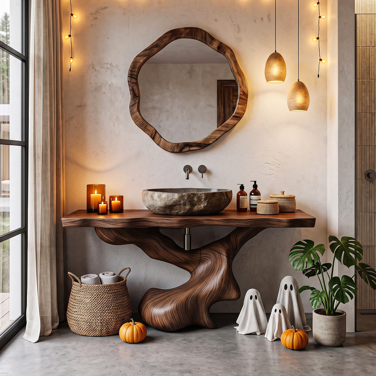 Organic Sculptural Bathroom Vanity with Twisted Tree Form, solid wood, built to order