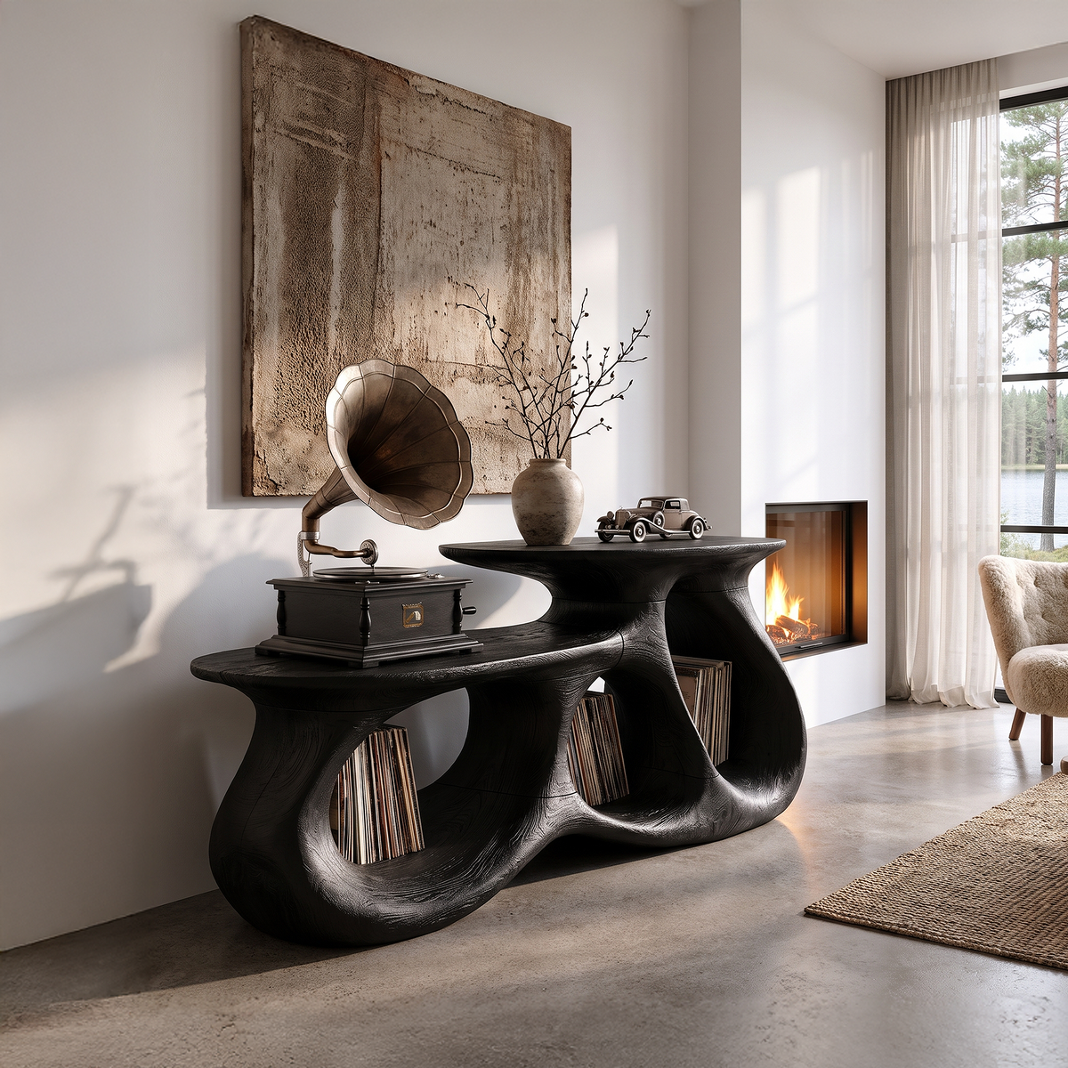 Contemporary Vinyl Record Cabinet with Interlocking Curved Forms, solid wood, built to order