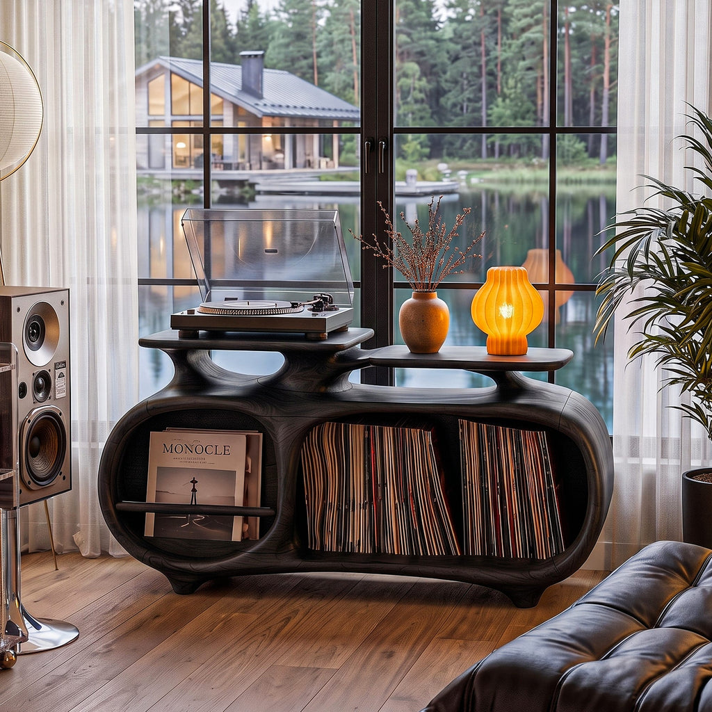 Minimalist Vinyl Console with Soft Continuous Curves, solid wood, built to order