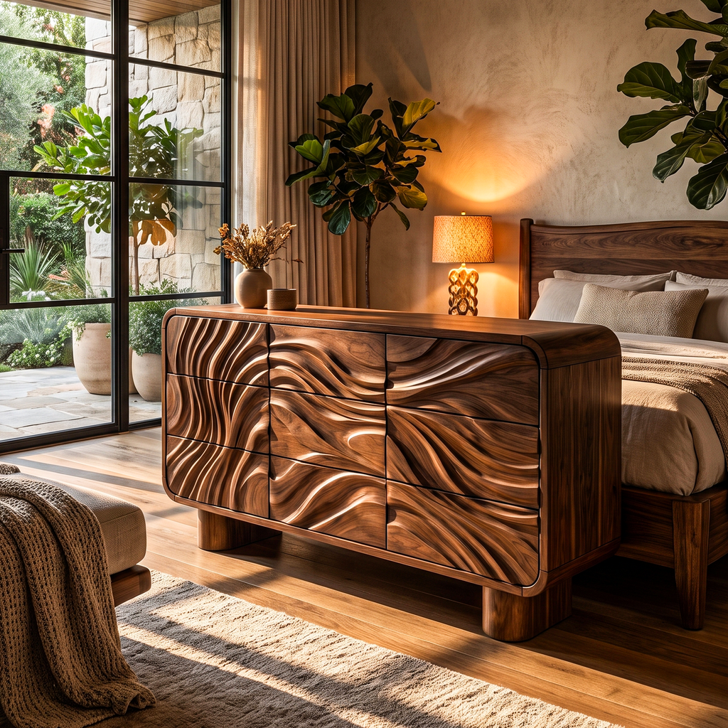 Contemporary Bedroom Dresser Drawers with Sculpted Wave Pattern and Curved Corners, solid wood, built to order