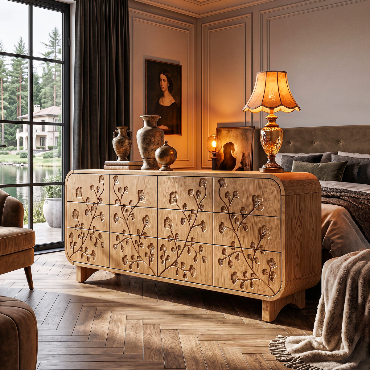 Minimalist All Dresser with Subtle Leaf Carving and Soft Rounded Frame, solid wood, built to order