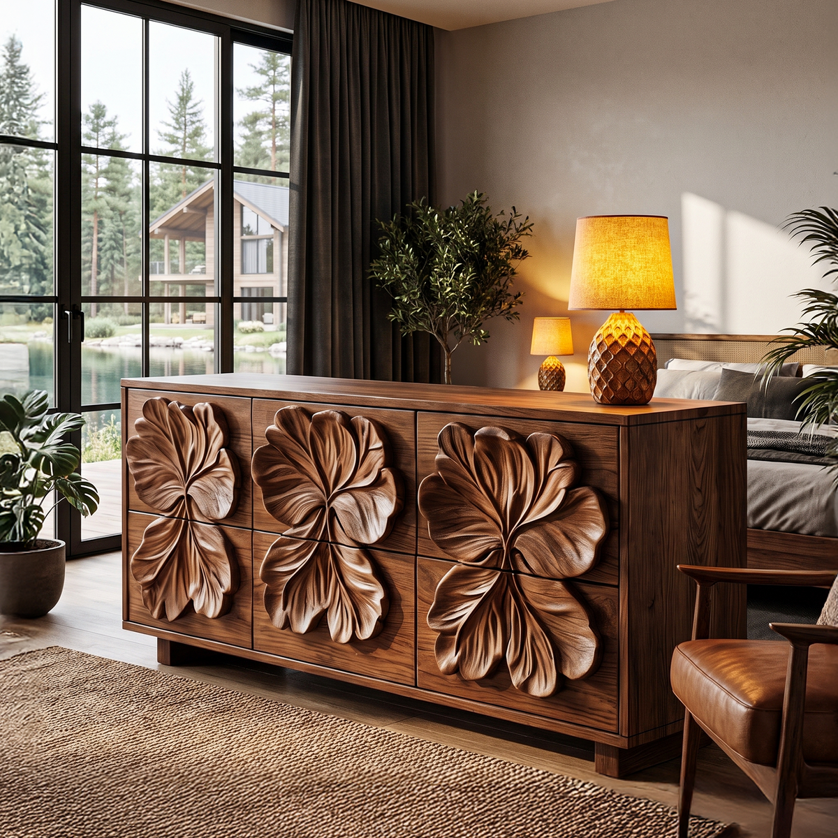Rustic Bedroom Dresser with Carved Floral Drawer Fronts and Form, solid wood, built to order
