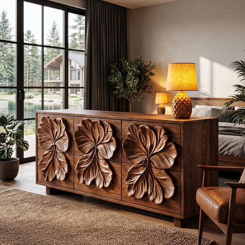 Rustic Bedroom Dresser with Carved Floral Drawer Fronts and Form, solid wood, built to order