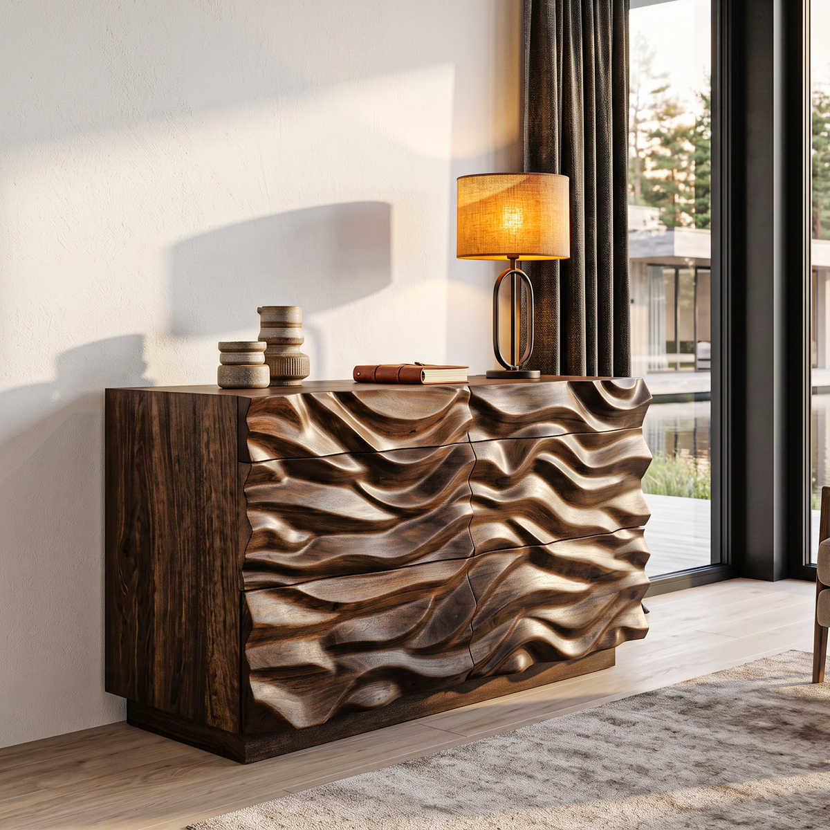 Modern Dresser with Sculpted Wave Front, solid wood, built to order