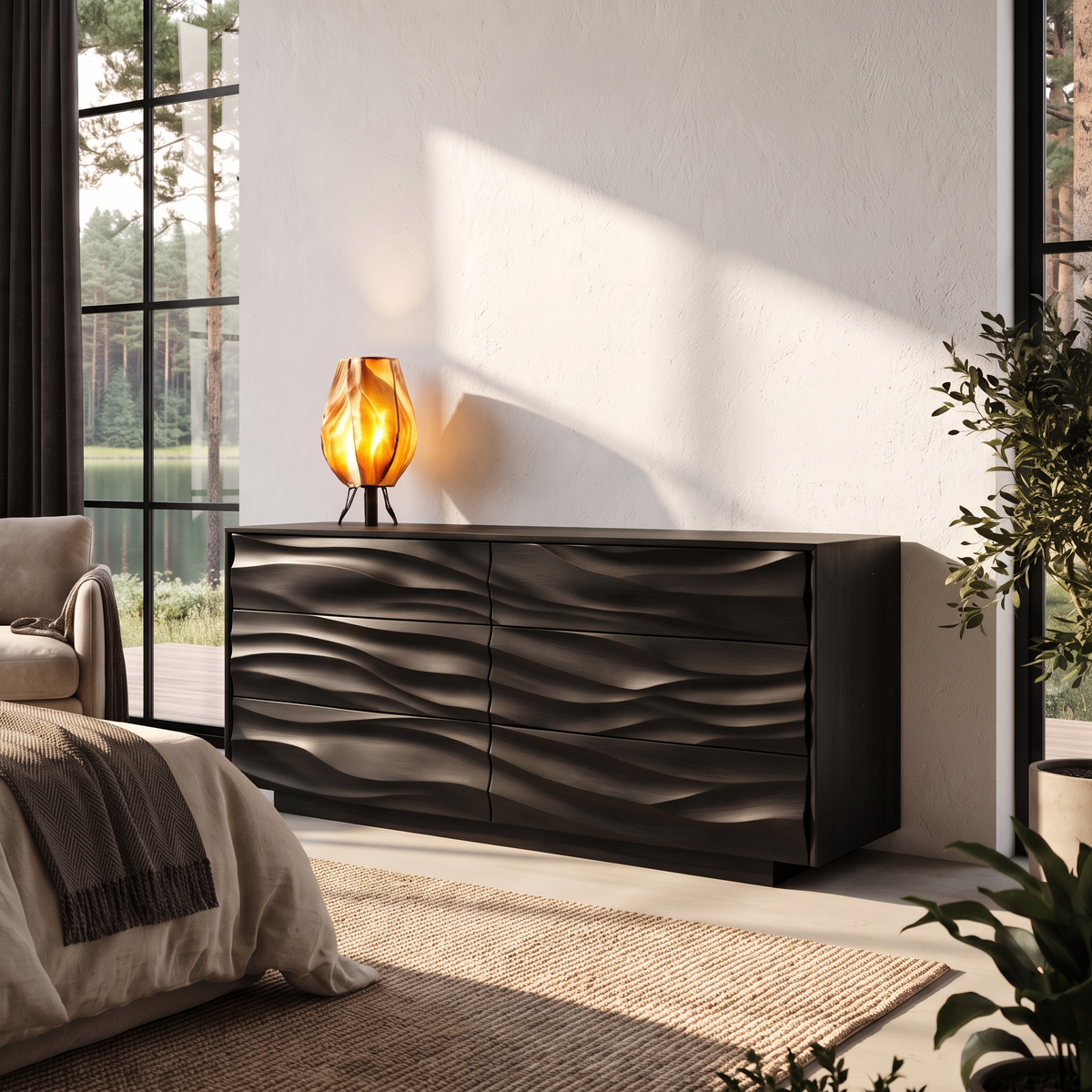 Modern Black Dresser with Wave Carved Front and Square Edge Design, solid wood, built to order