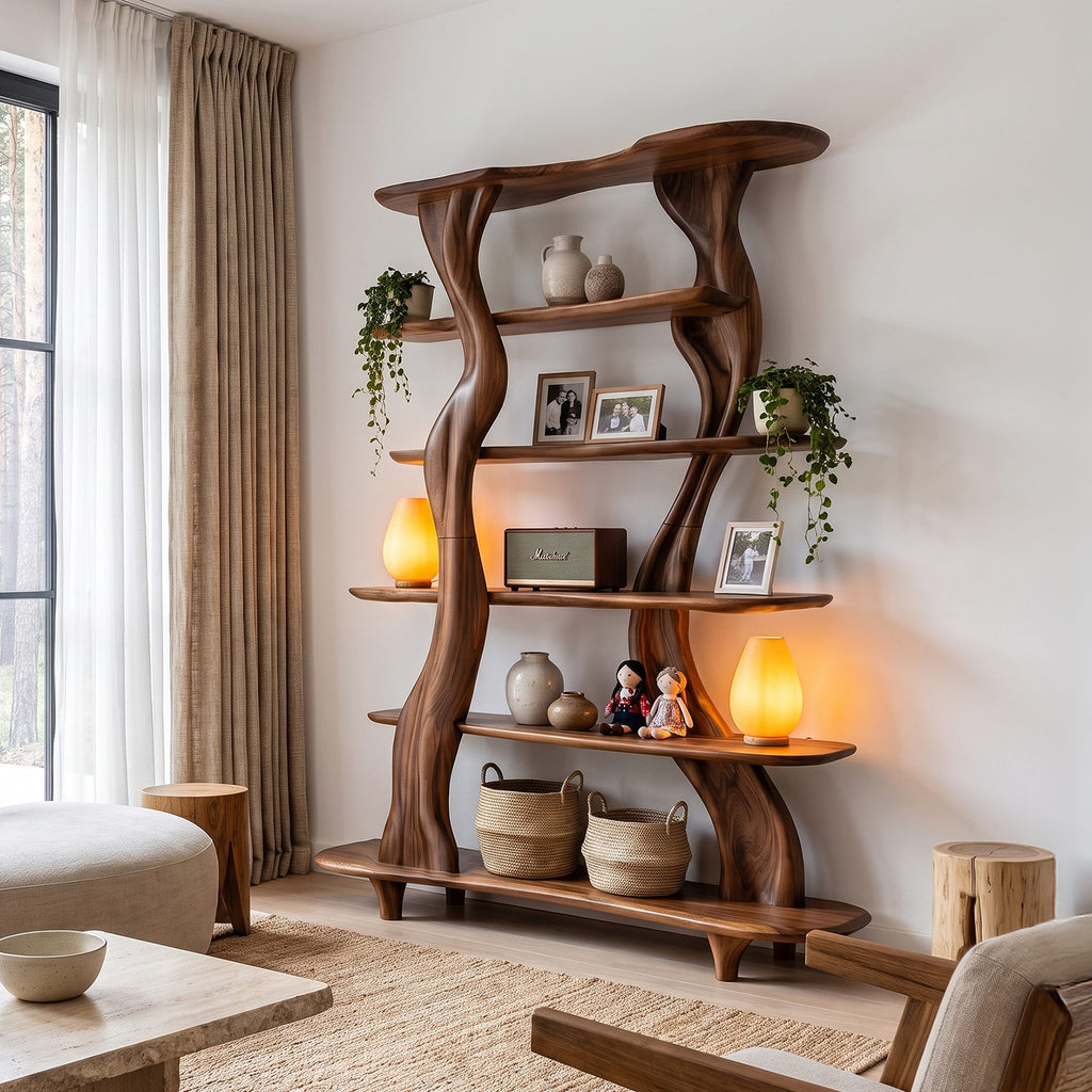 Mid Century Sculptural Bookshelf with Branch Inspired Frame, solid wood, built to order