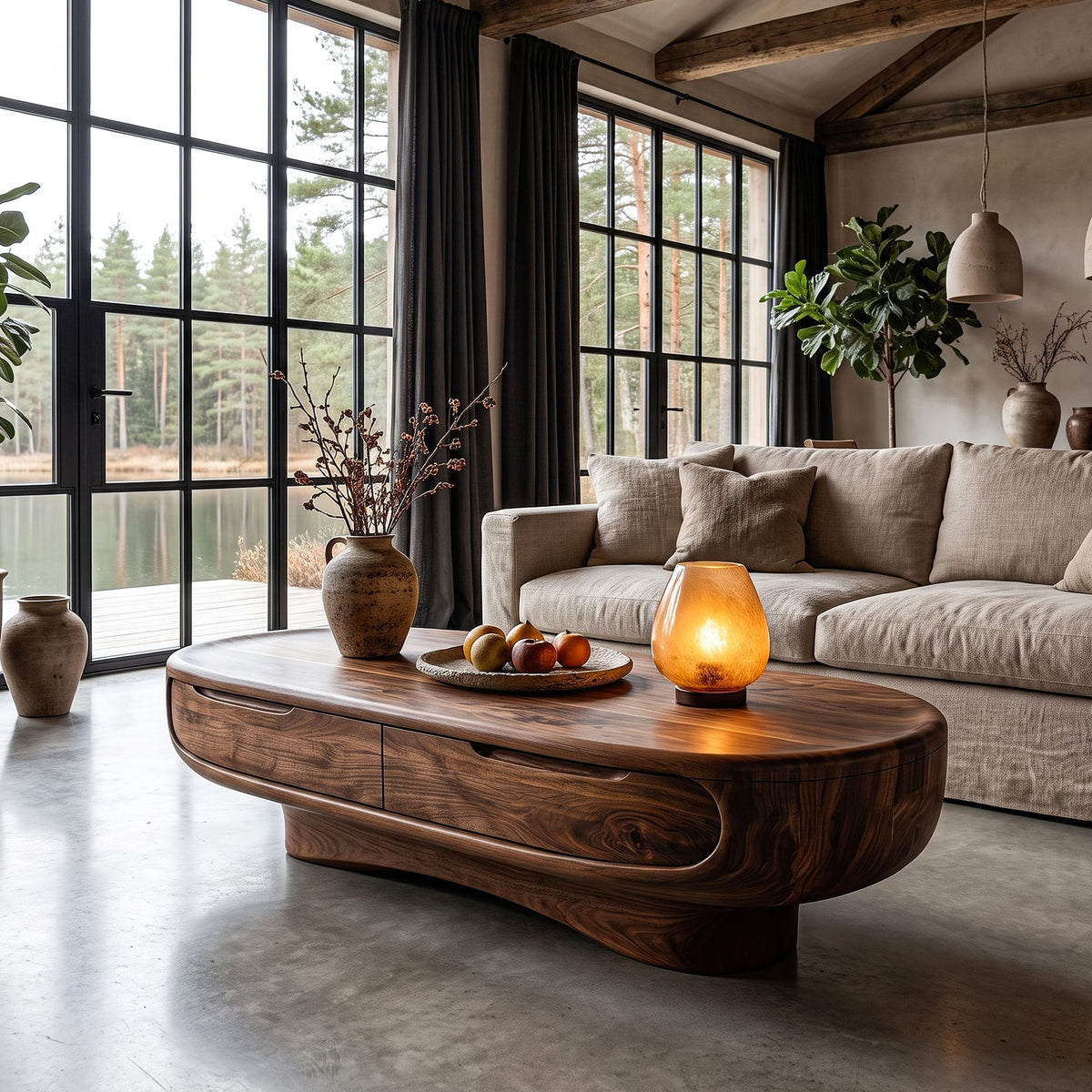 Mid Century Oval Coffee Table with Clean Low Profile Form, solid wood, built to order