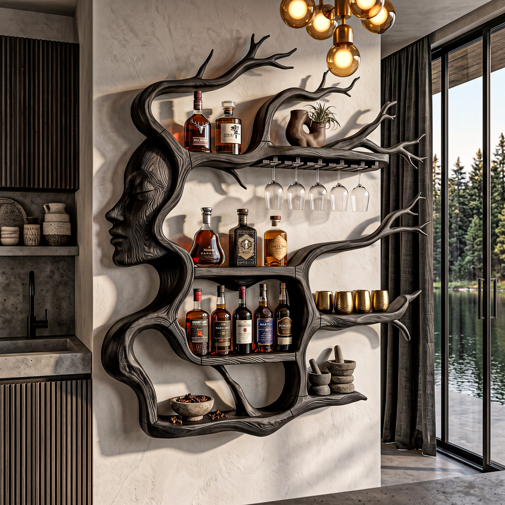 Contemporary Wall Mounted Wine Rack with Sculptural Face Tree Design, solid wood, built to order