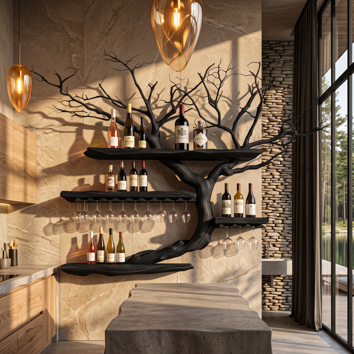 Organic Wine Storage Rack with Flowing Tree Limb Design, solid wood, built to order
