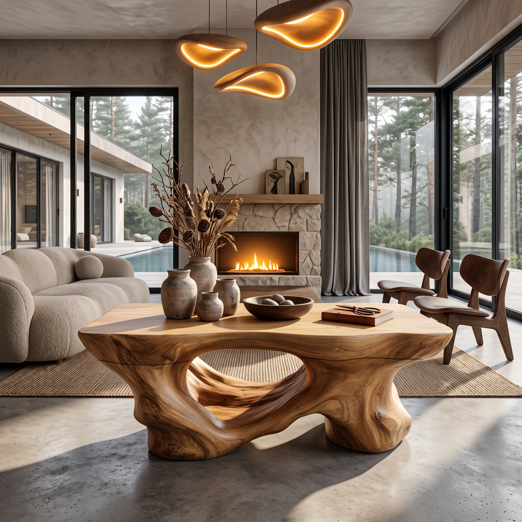 Rustic Coffee Table with Sculptural Root Form Legs, solid wood, built to order