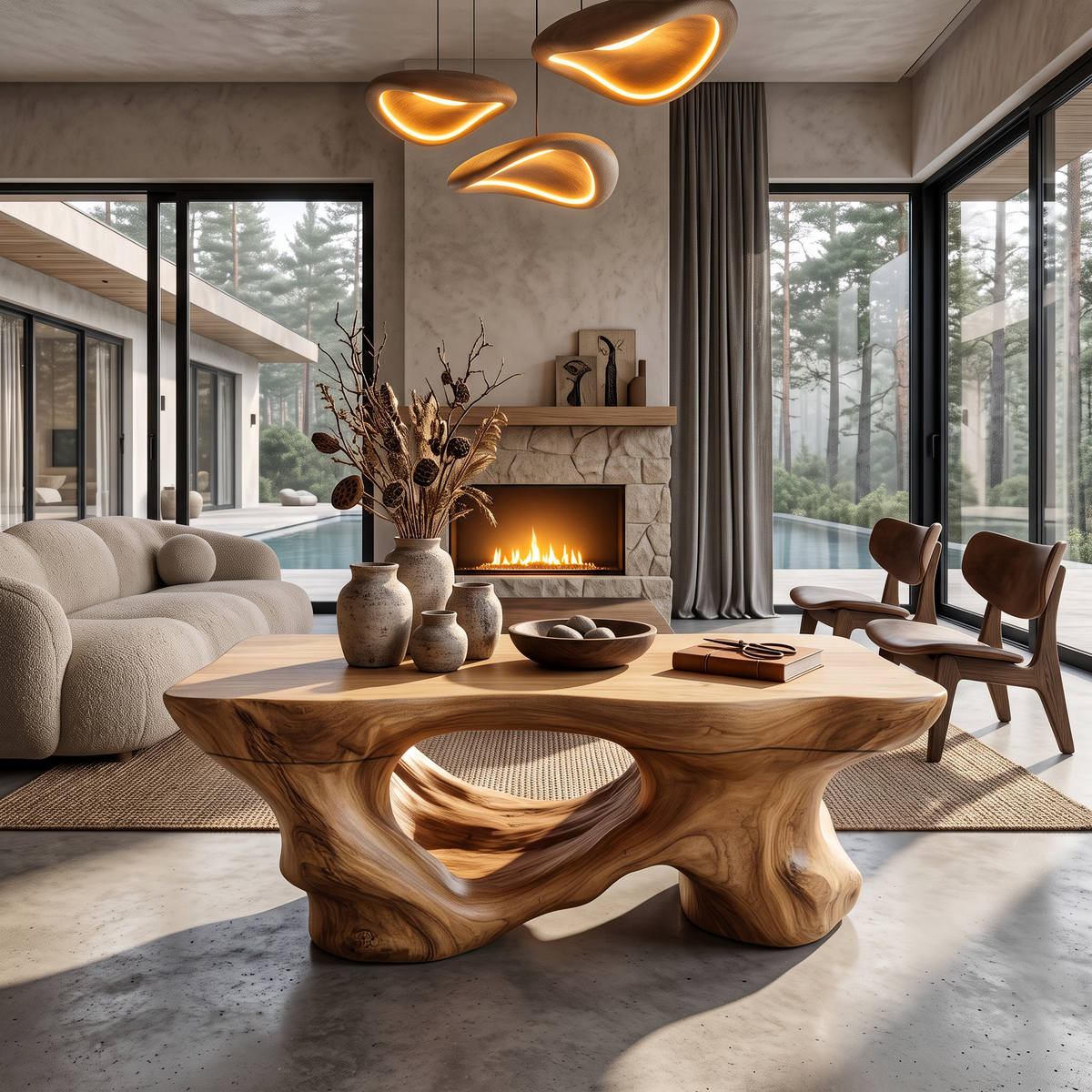 Rustic Coffee Table with Sculptural Root Form Legs, solid wood, built to order