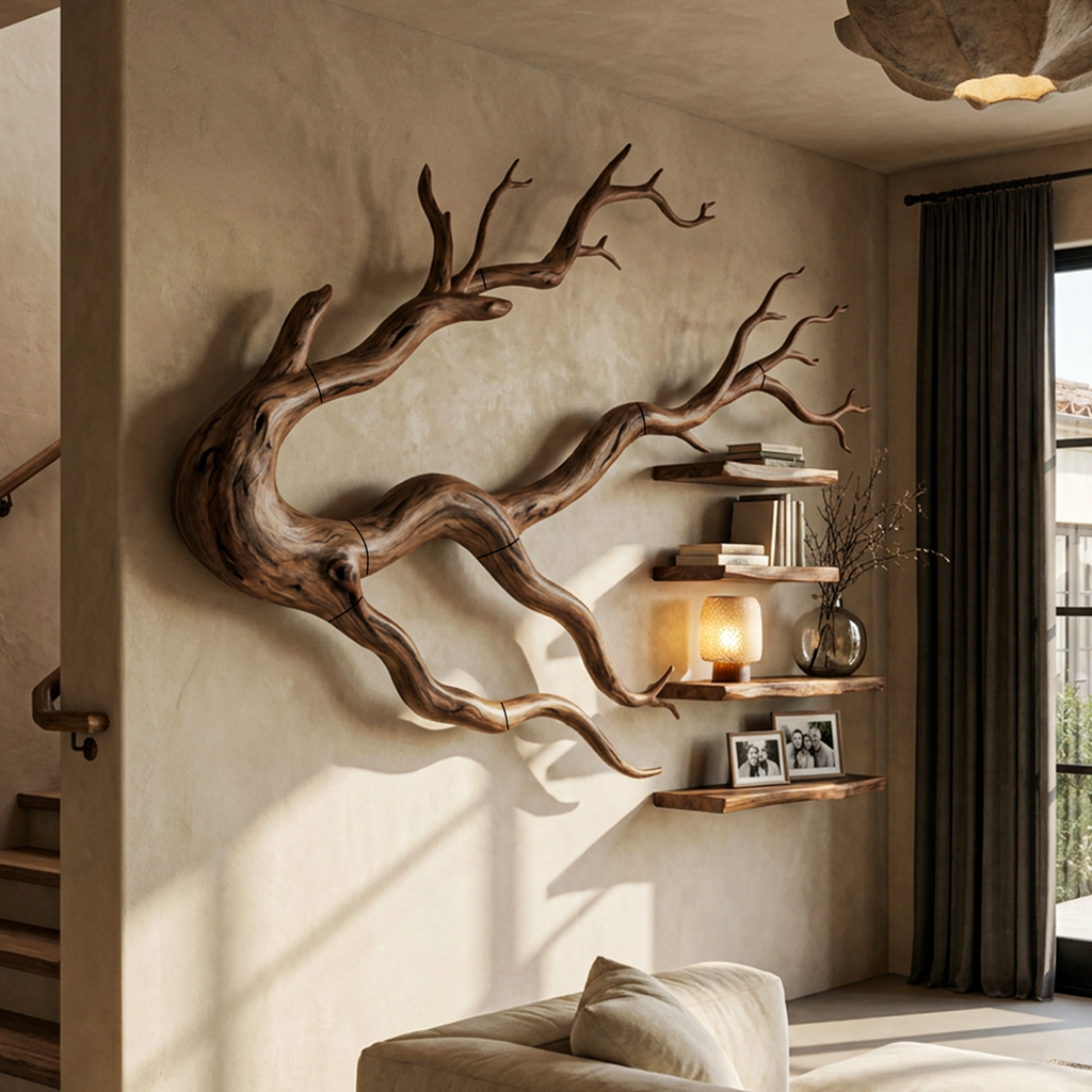 Organic Tree Bookcase with Flowing Wall Mounted Branches, solid wood, built to order