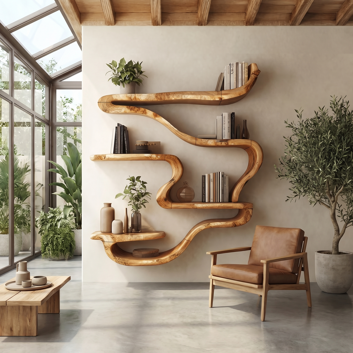 Organic Wall Mounted Bookshelf, solid wood, built to order