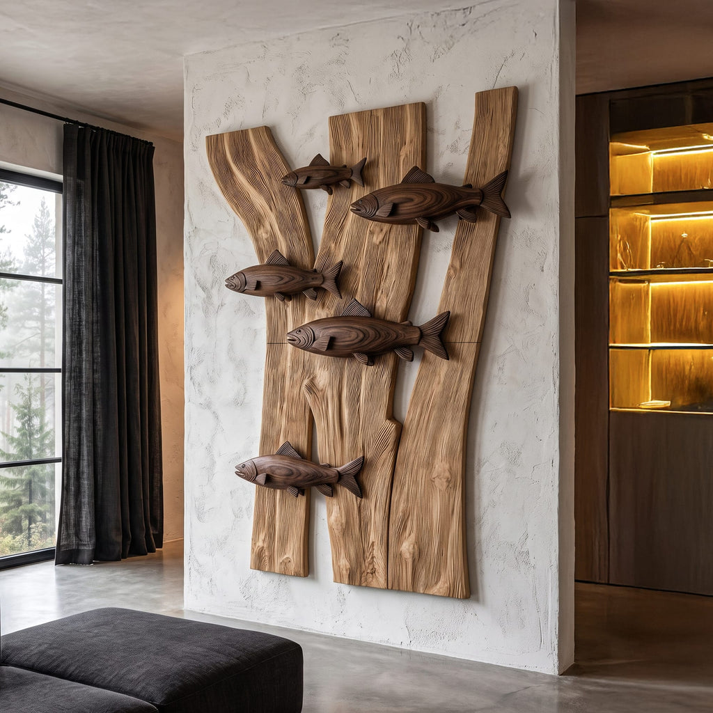 Contemporary Fish Wall Decor with Sculptural River Scene, solid wood, built to order