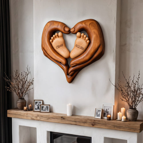 Contemporary Personalized Baby Wall Decor with Sculptural Baby Feet Design, solid wood, built to order