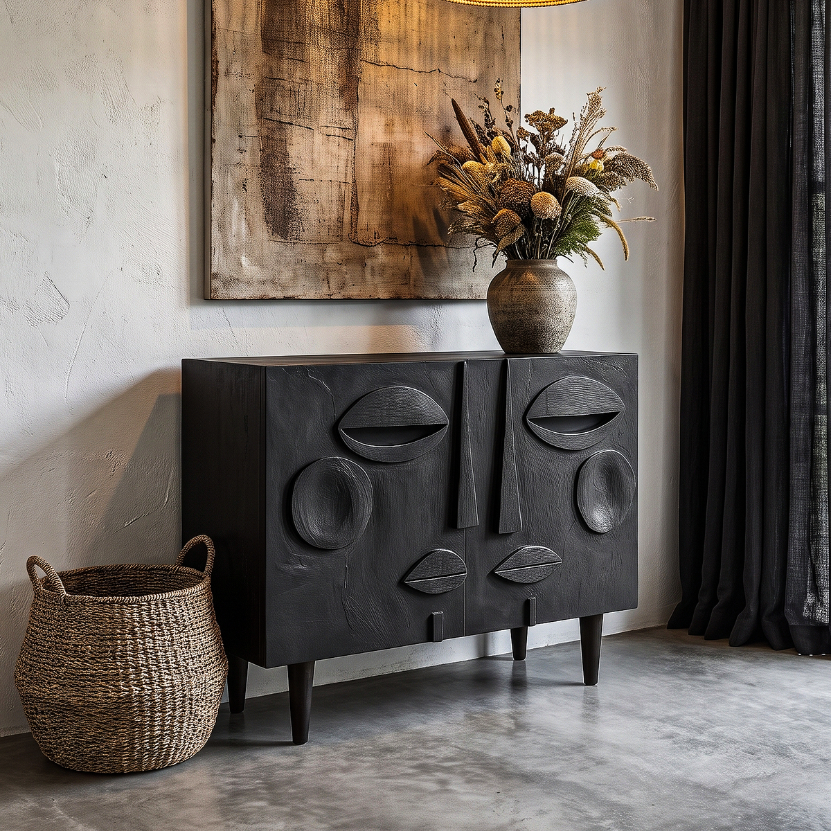 Modern Accent Cabinet with Abstract Face Design, solid wood, built to order