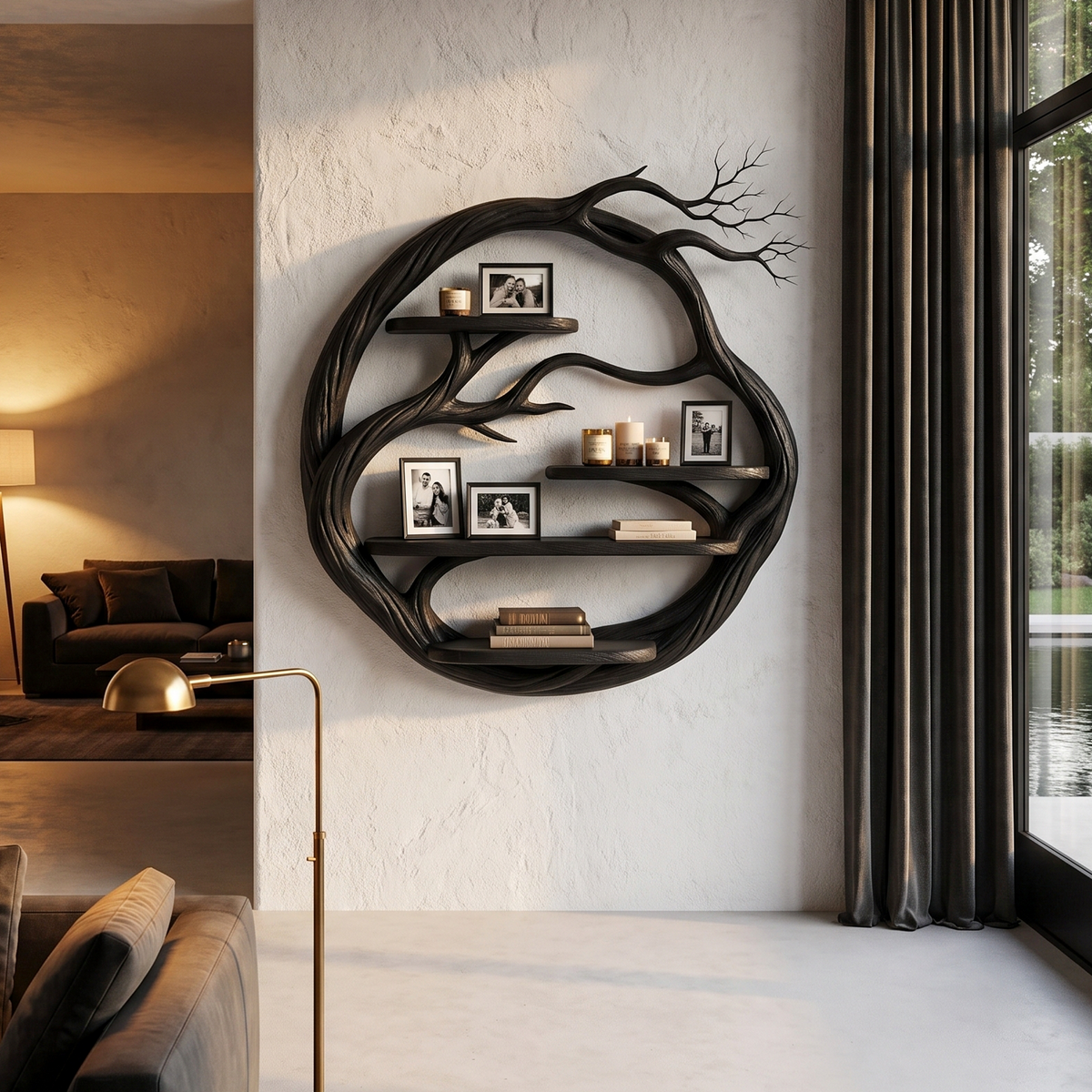 Organic Floating Shelf with Circular Tree Branch Design, solid wood, built to order