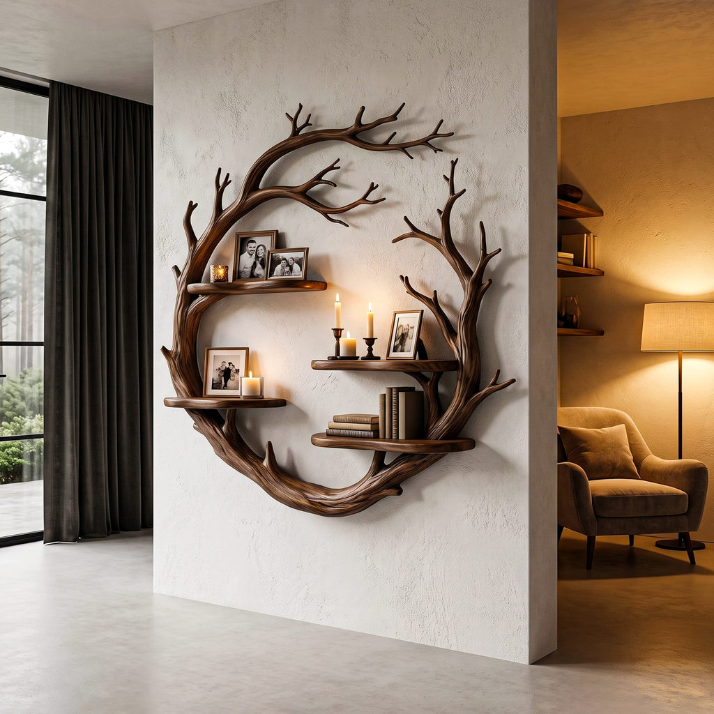 Contemporary Floating Shelf with Tree Branch Display Design, solid wood, built to order