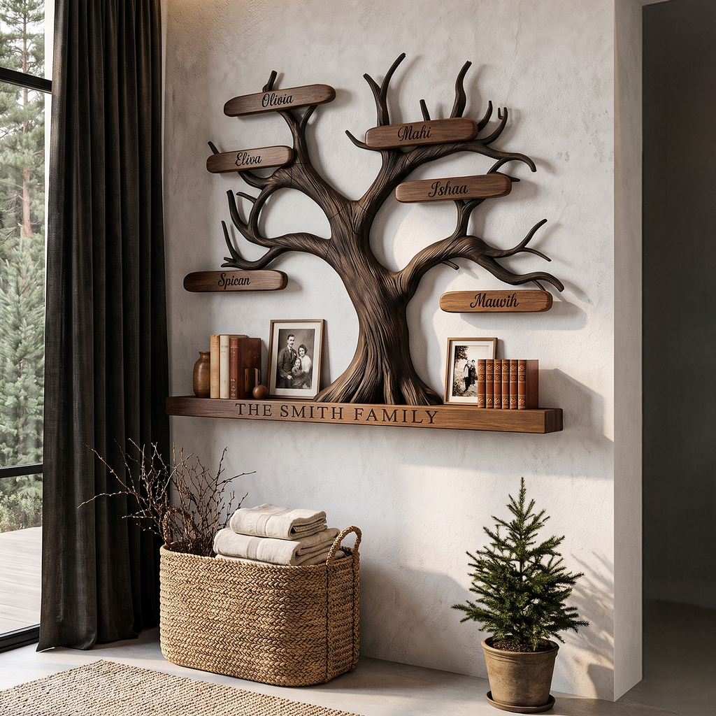Organic Personalized Tree Wall Bookshelf with Custom Family Name, solid wood, built to order
