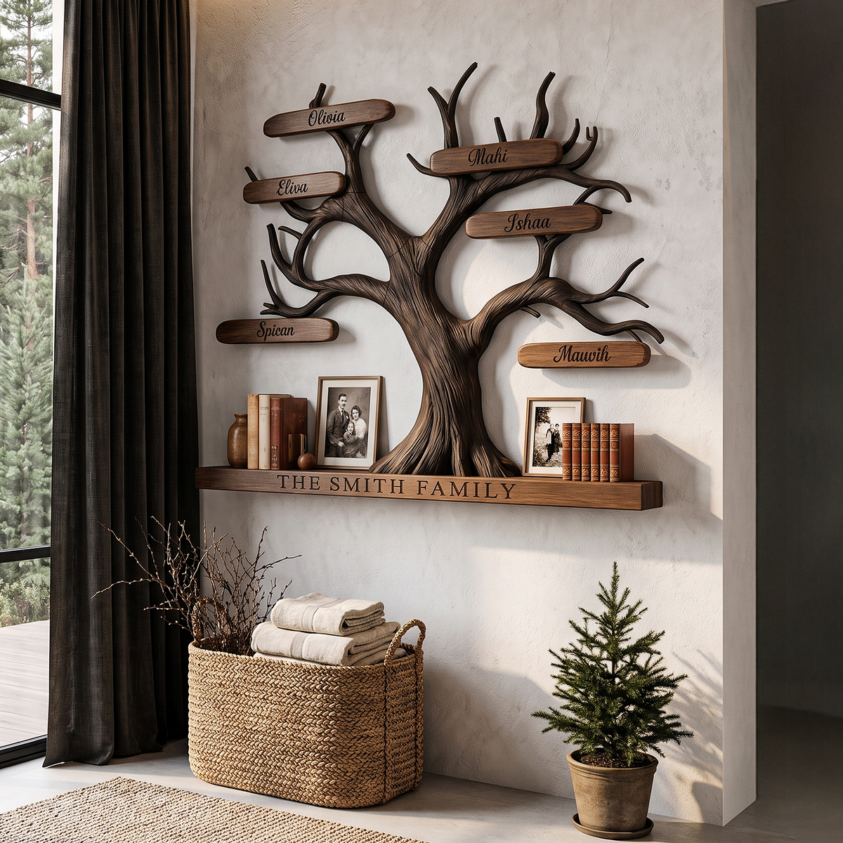 Organic Personalized Tree Wall Bookshelf with Custom Family Name, solid wood, built to order