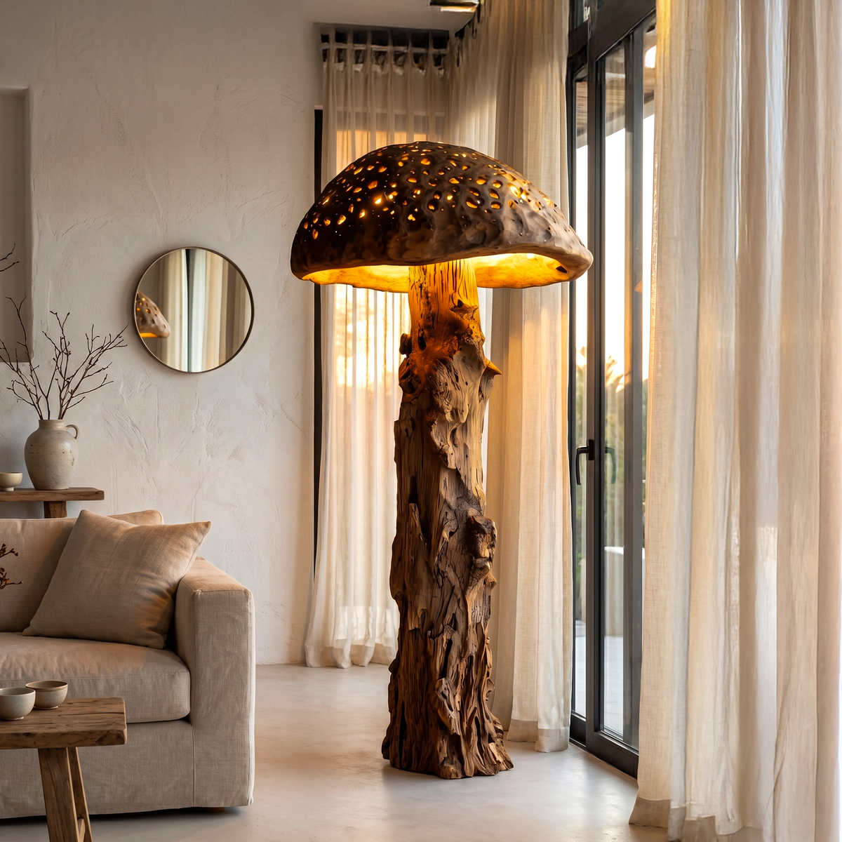 Organic Floor Lamp with Tree Trunk Base and Sculptural Shade, solid wood, built to order