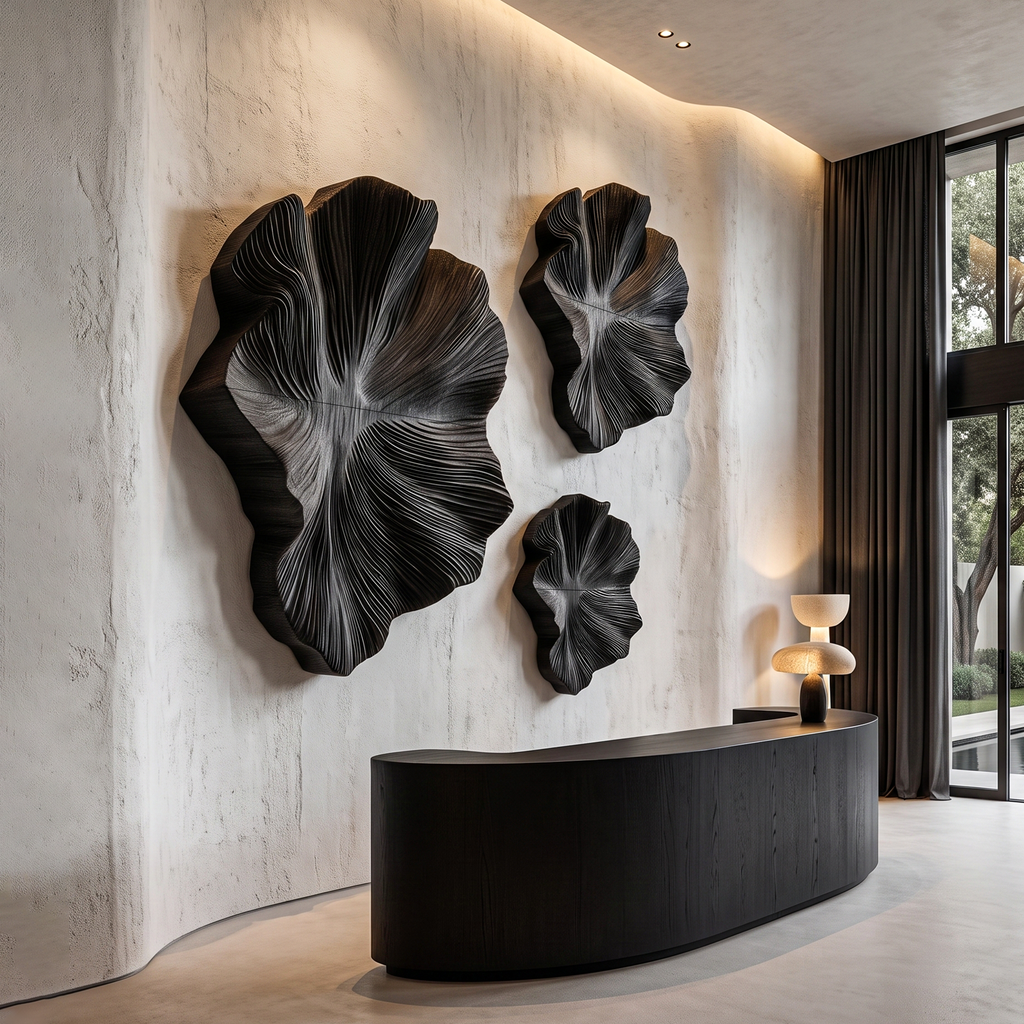 Contemporary Wall Sculpture with Botanical Relief Design, solid wood, built to order