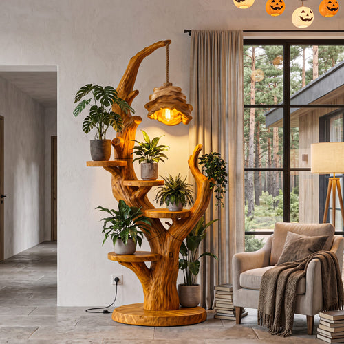 Contemporary Plant Display Stand with Floating Circular Shelves, solid wood, built to order