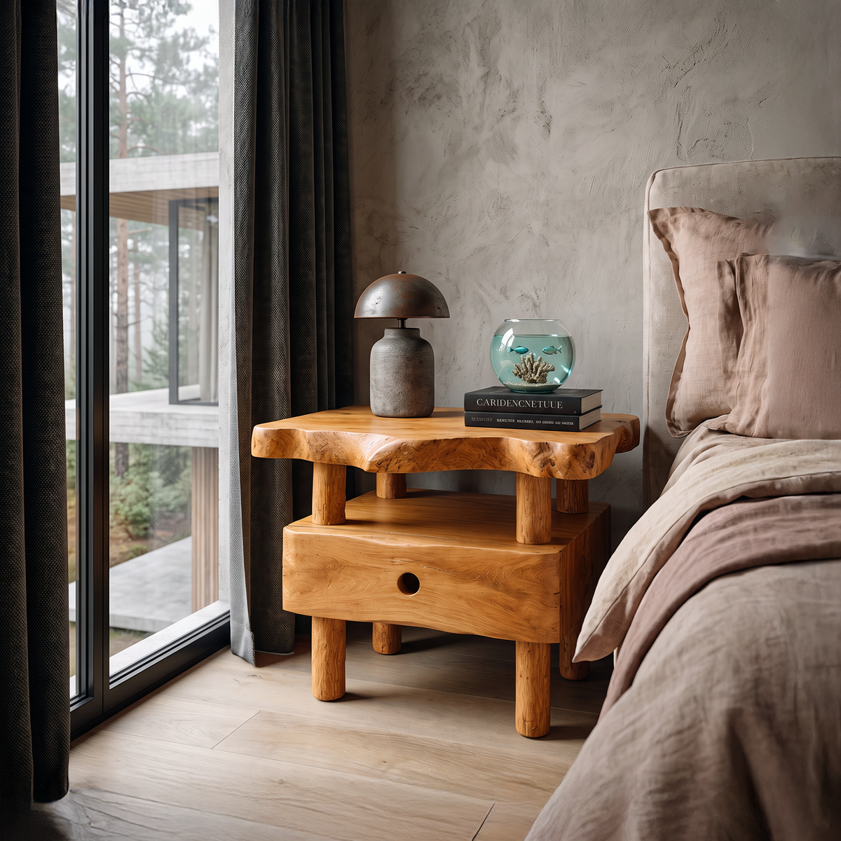 Organic Solid Bedside Table with Open Shelf and Drawer, solid wood, built to order